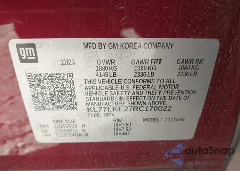 2024 Chevrolet Trax Fwd Activ from USA, damaged, VIN KL77LKE27RC170022